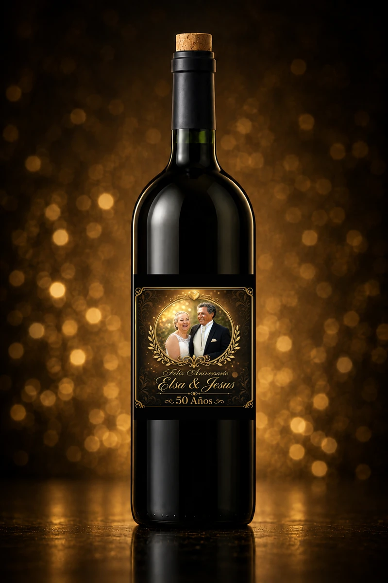 Elsa & Jesus — 50 Años · mockup en botella